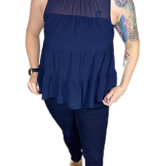 Monteau Navy Blue Scalloped High Neck Ruffle Blouse Sz M NWT - Picture 9 of 9